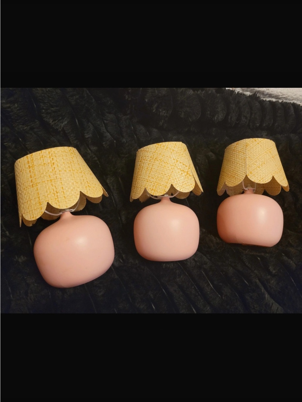 Set of 3 Pink Retro Ceramic Table Lamps with Scalloped Woven Shades